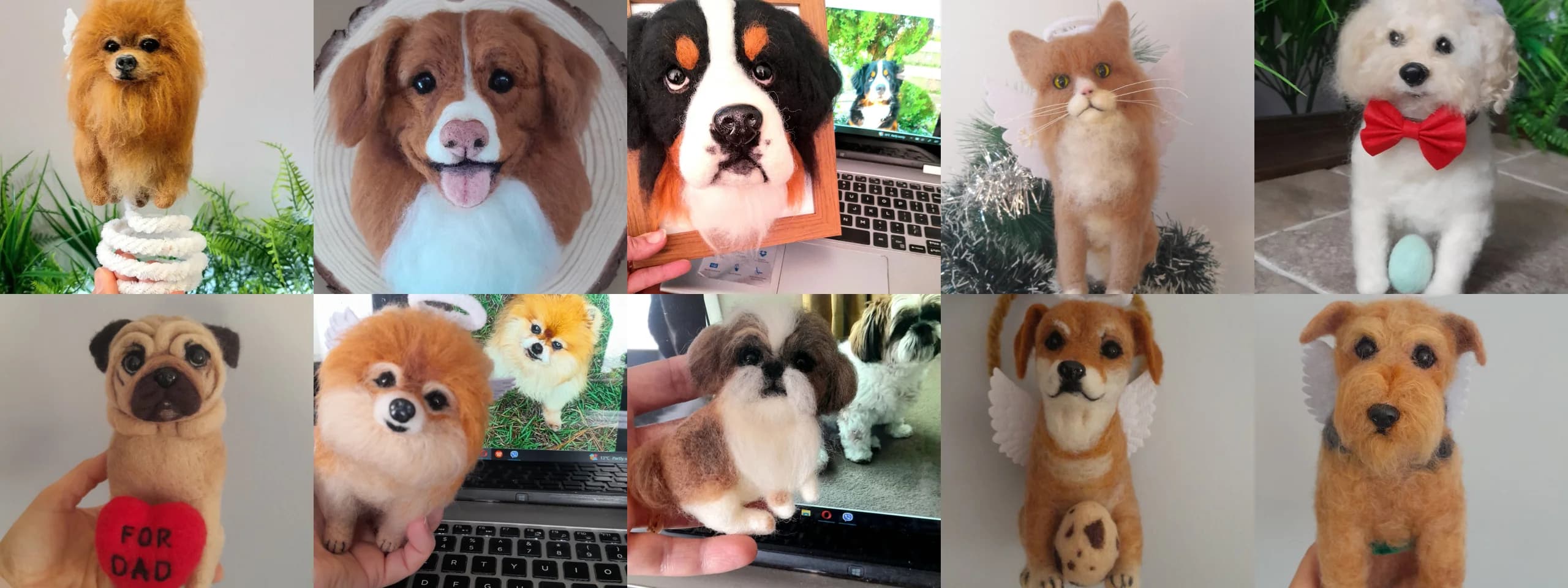 Collection of custom needle-felted wool pet portraits showcasing dogs, cats, and other animals
